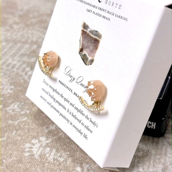 Brand New Luna Norte 14Kt Gold Plated Druzy Quartz Interchangeable Post Earrings - Picture 13 of 16